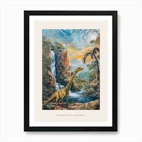 Dinosaur By A Waterfall Landscape Painting 2 Poster Art Print