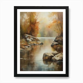 Forest Lake, Autumn Lake, Vintage Oil Painting, Farmhouse Wall Decorations, Antique Landscape, Vintage Landscape Oil Painting.5 Art Print