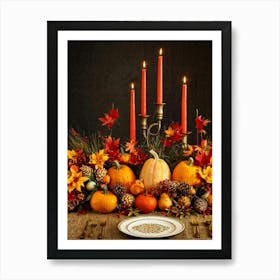 Autumn Harvest Table Centerpiece Overflowing With Gourds And Pumpkins Surrounded By Red And Gold C Art Print