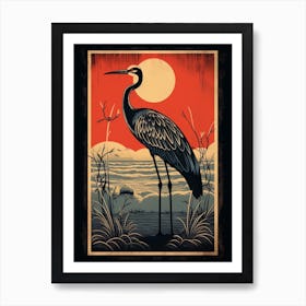 Vintage Bird Linocut Crane 4 Art Print