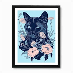 Cute Russian Blue Cat With Flowers Illustration 1 Art Print