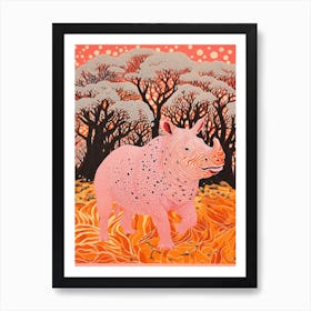 Rhino In The Trees Orange & Pink 4 Art Print