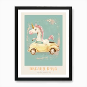 Storybook Style Unicorn Driving A Car Poster Art Print