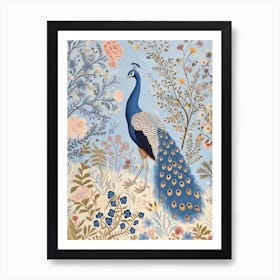 Floral Sky Blue Peacock In The Grass Art Print
