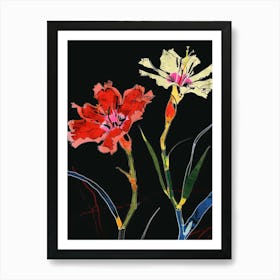 Neon Flowers On Black Carnation Dianthus 4 Art Print