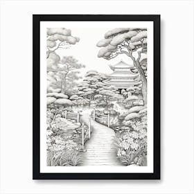 Rikugien Garden In Tokyo, Ukiyo E Black And White Line Art Drawing 2 Art Print