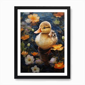 Duckling Swimming In The Pond With Petals 2 Art Print