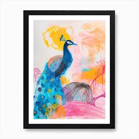 Peacock Colourful Crayon Sketch Art Print