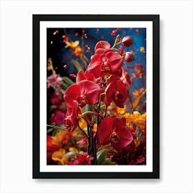 Red Orchids Caught In The Midst Of A Colorful Explosion Dynamic And Striking Bursting Amidst Vibra Art Print