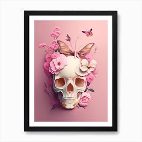 Skull With Butterfly Motifs Pink 1 Vintage Floral Art Print