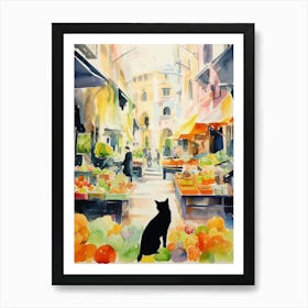 Food Market With Cats In Malaga 2 Watercolour Art Print