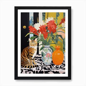 Foxglove Flower Vase And A Cat, A Painting In The Style Of Matisse 2 Art Print