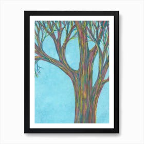 Joyful Colorful Spring Tree On Blue Sky/ Hand Drawn Art Print