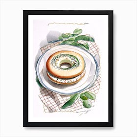 Bagel On Checkered Table Cloth Minimal Drawing 1 Art Print