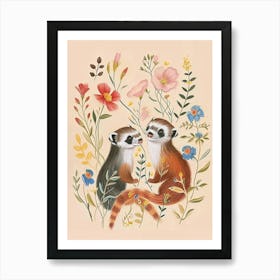 Folksy Floral Animal Drawing Ferret 3 Art Print