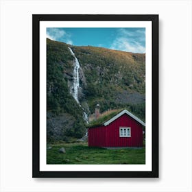 Red House With Waterfall Art Print