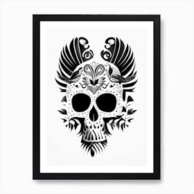 Skull With Bird Motifs Black And White Mexican Art Print