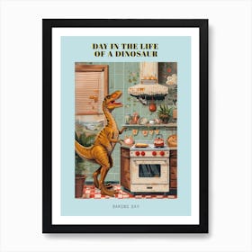 Dinosaur Baking In The Kitchen Retro Abstract Collage 1 Poster Art Print