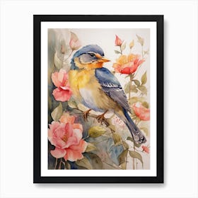 Bluebird With Roses Art Print