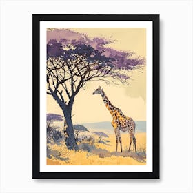 Lilac Giraffe Watercolour Inspired Illustration Under The Acacia Tree 2 Art Print