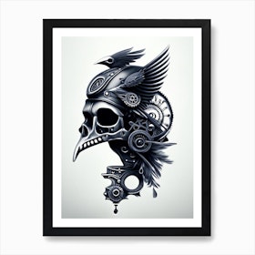 Skull With Bird 2 Motifs Black And White Stream Punk Art Print