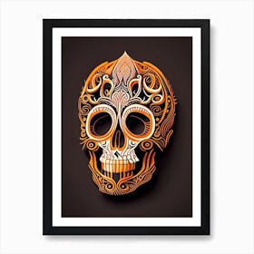 Skull With Intricate Linework Orange Mexican Art Print