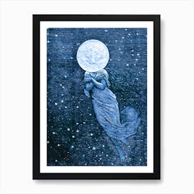 Around the Moon - Vintage Emile Bayard 1870 - Engraving for Jules Vernes Book Full Blue Moon Witchy Fairytale Pagan Woman With Face on the Moon Witch Witchcraft Art Print