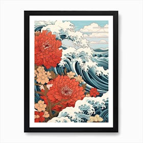 Great Wave With Chrysanthemum Flower Drawing In The Style Of Ukiyo E 1 Art Print