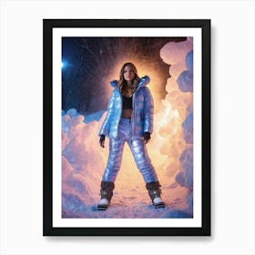 Woman in down jacket in the snow with fireworks, mystic Art Print