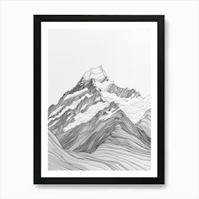 Aoraki Mount Cook New Zealand Line Drawing 8 Art Print