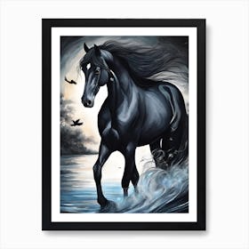 Black Horse In The Water Art Print