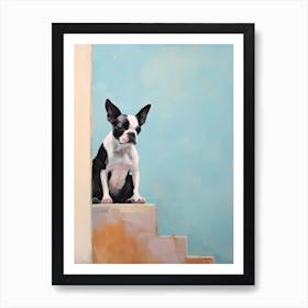 Boston Terrier Dog, Painting In Light Teal And Brown 0 Art Print