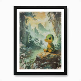 Cute Dinosaur Sitting In The Cliffs Storybook Style Art Print