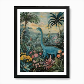 Dinosaur With Tropical Leaves Painting 2 Art Print