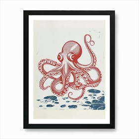 Sweet Red Octopus On The Ocean Floor With Rocks Art Print
