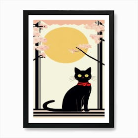 Black Cat With Cherry Blossoms Art Print