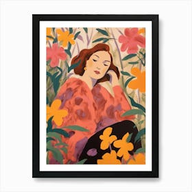 Woman With Autumnal Flowers Bougainvillea Art Print