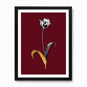 Vintage Didiers Tulip Black and White Gold Leaf Floral Art on Burgundy Red n.0738 Art Print