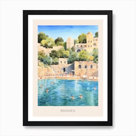 Swimming In Rhodes Greece Watercolour Poster Art Print