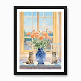Cat With Allium Flowers Watercolor Mothers Day Valentines 3 Art Print