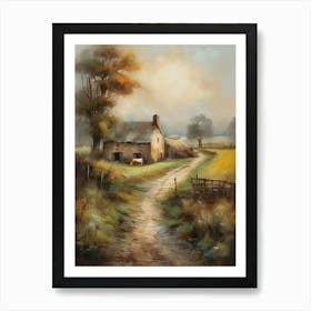 The old British countryside, a work of wall art dating back to 1960, with all its details and colours. The farm is an old oil painting in faded oil colours.2 Art Print