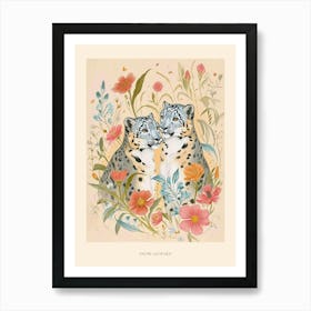 Folksy Floral Animal Drawing Snow Leopard 3 Poster Art Print
