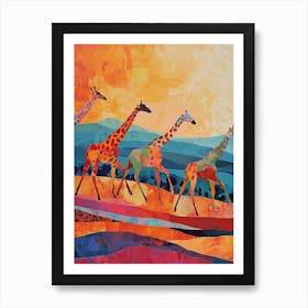 Herd Of Giraffe Running Through The Grass 1 Art Print