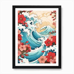 Great Wave With Petunia Flower Drawing In The Style Of Ukiyo E 3 Art Print