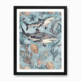 Pastel Blue Blacktip Reef Shark Watercolour Seascape Pattern 1 Art Print