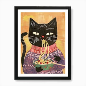 Black Cat Eating Pasta Folk Illustration 1 Affiche