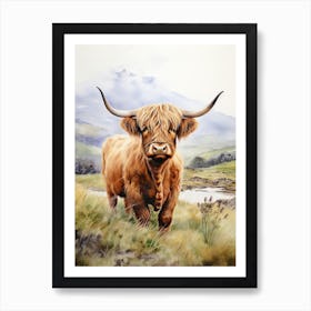 Highland Cow In Field With Stream In The Distance Art Print