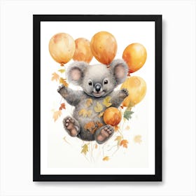 Koala Flying With Autumn Fall Pumpkins And Balloons Watercolour Nursery 3 Poster