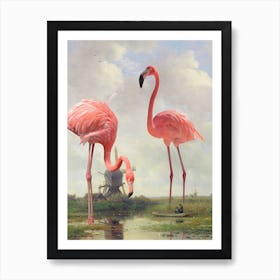 Fishing With Flamingos Art Print