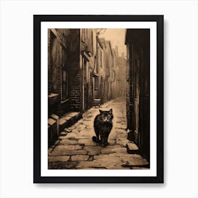 A Black Cat Wandering The Smoky Medieval Cobbled Streets 2 Art Print